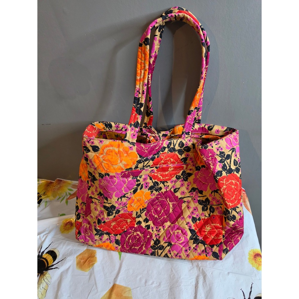 Vera Bradley Hathaway Tote Coming Up Roses Pink Orange Floral Quilted Cotton Bag